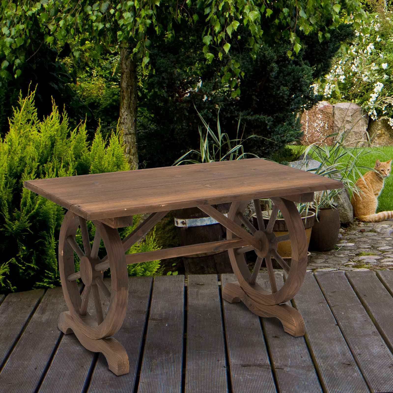 Rustic brown outdoor garden coffee table with wagon wheel legs made of natural carbonized fir wood color
