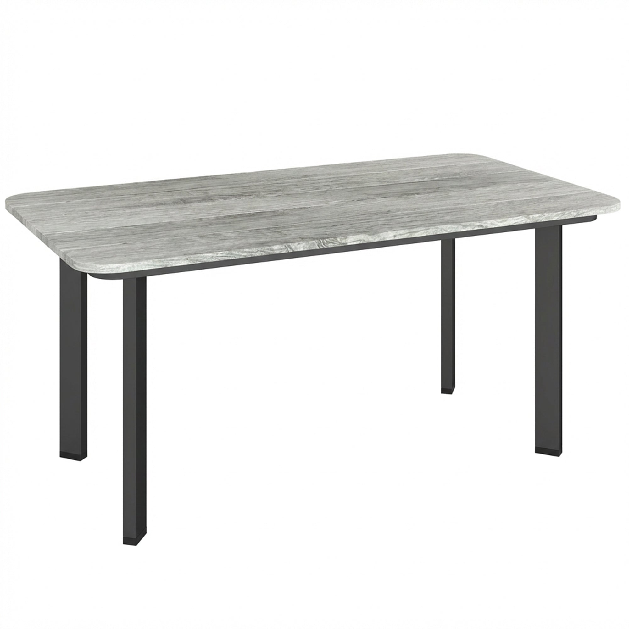 Modern gray wood grain outdoor coffee table with slatted wood plastic composite top and black metal frame