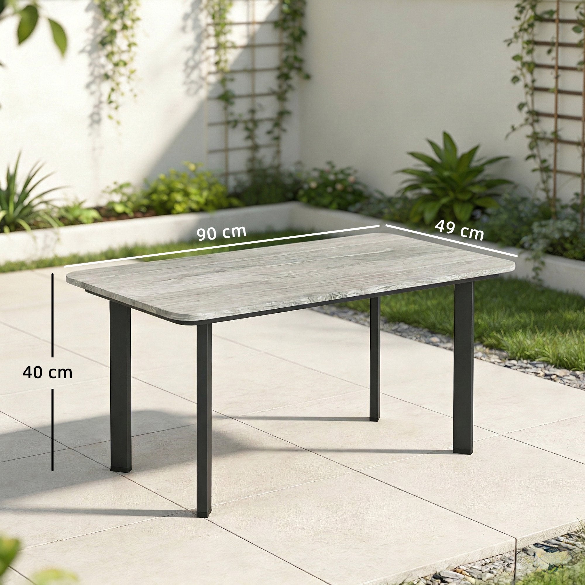 Gray stone-effect outdoor coffee table with slatted wood plastic composite top and black metal legs by outsunny
