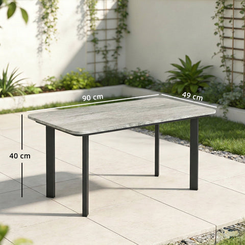 Gray stone-effect outdoor coffee table with slatted wood plastic composite top and black metal legs by outsunny