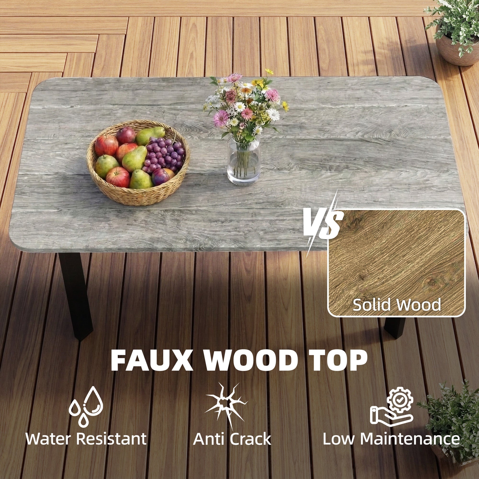 Gray outsunny outdoor garden coffee table with slatted faux wood plastic composite top and metal frame