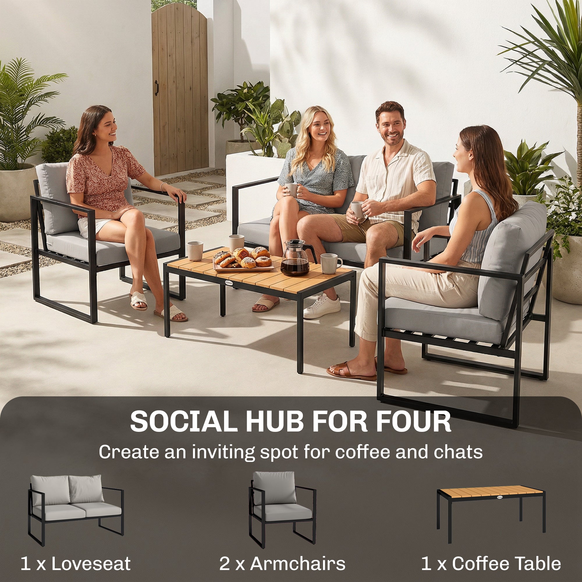 Outsunny outdoor garden furniture set with black metal frame single chair gray cushions and wooden slatted table