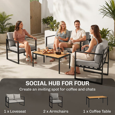 Outsunny outdoor garden furniture set with black metal frame single chair gray cushions and wooden slatted table