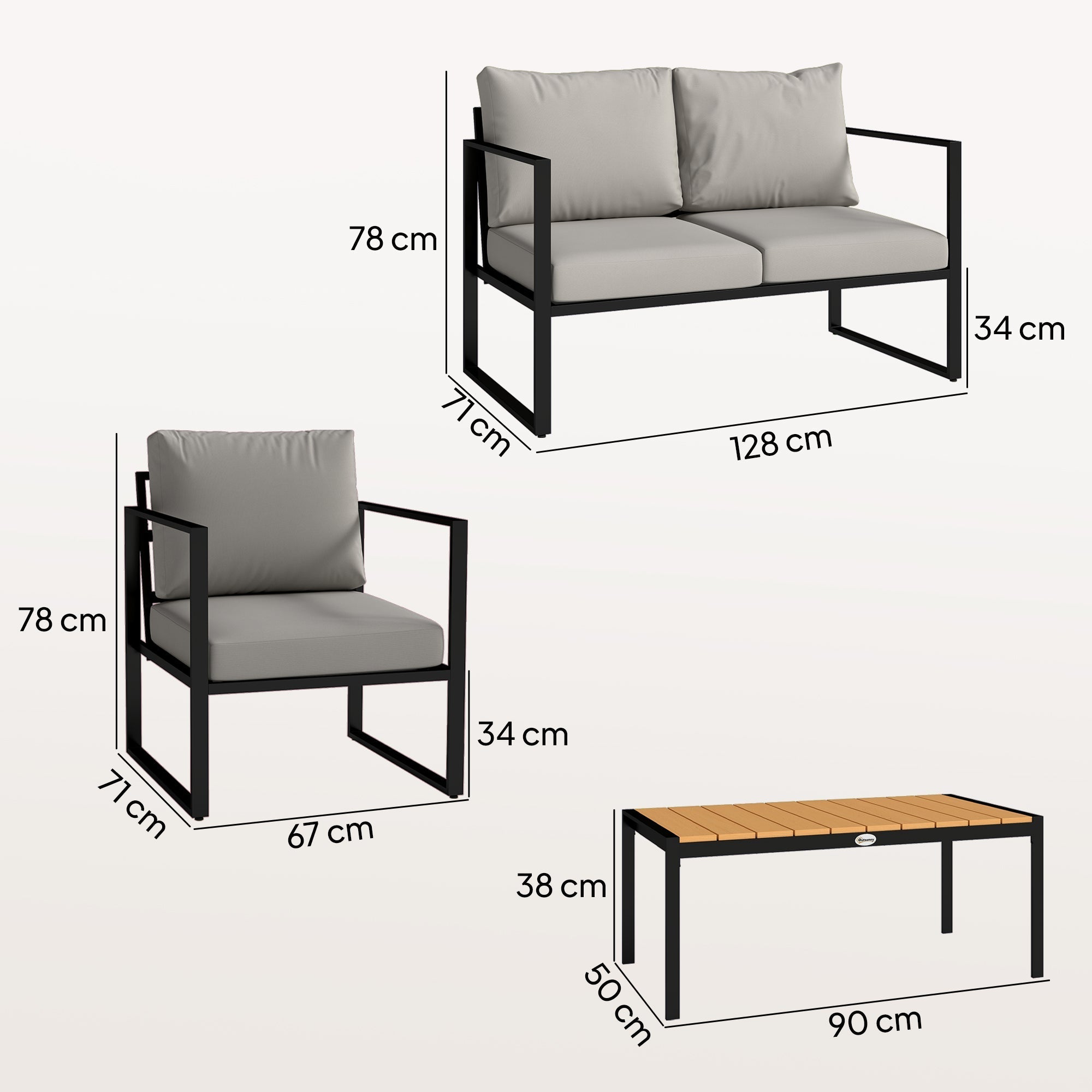 Modern black metal frame furniture set with light gray cushions perfect for garden or patio use