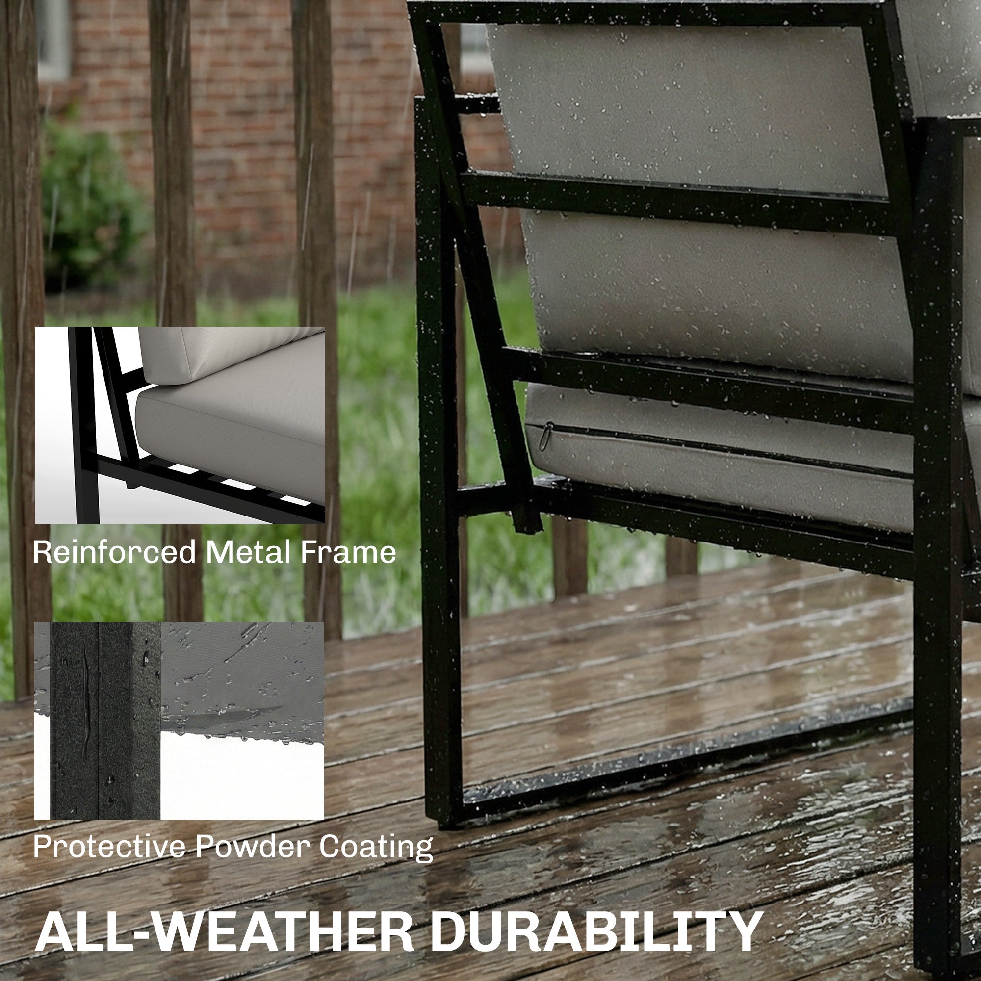 Outsunny black metal single chair with gray fabric cushions and reinforced frame for garden furniture set use