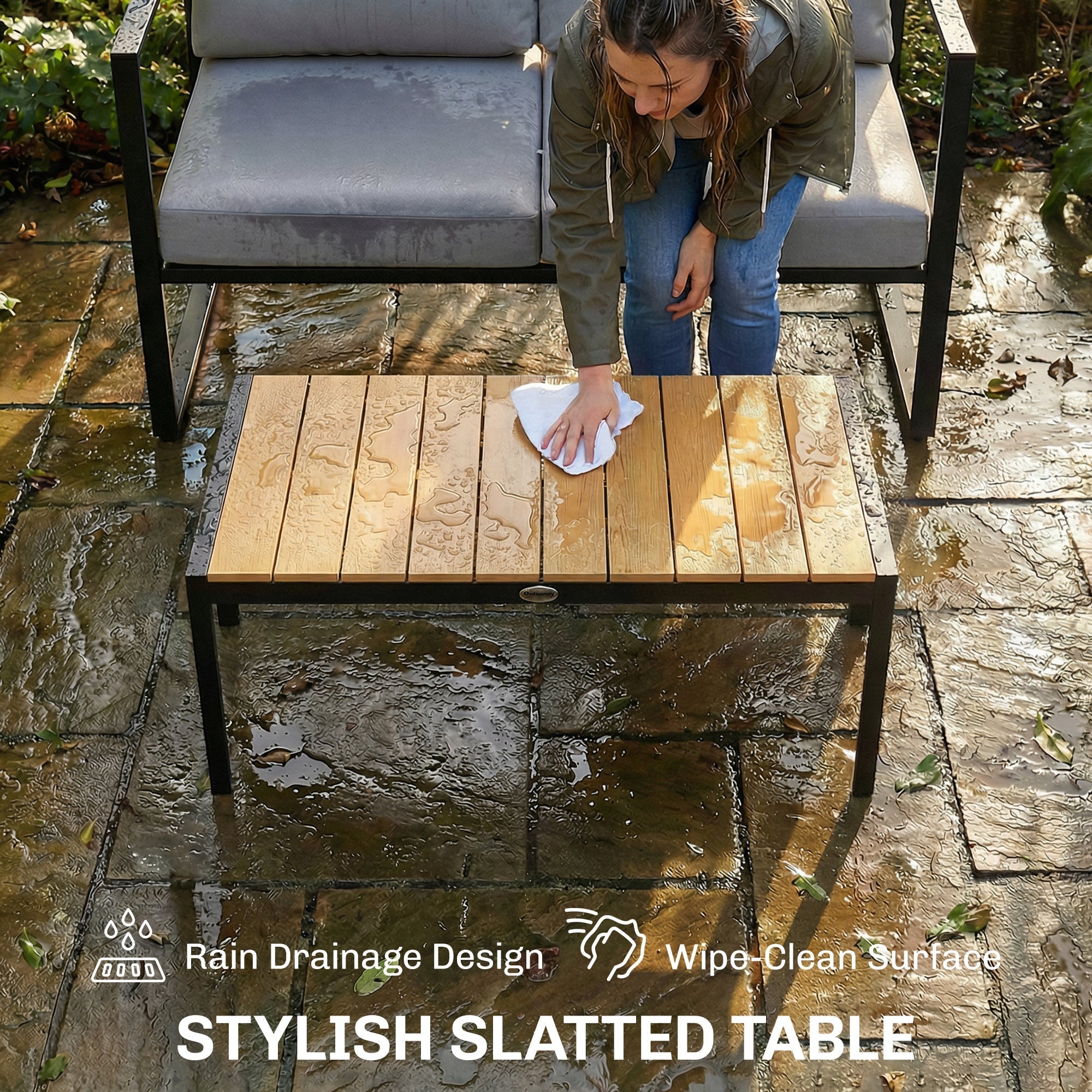 Outsunny outdoor garden furniture set with sleek light brown wooden slatted table and black metal frame for patio use
