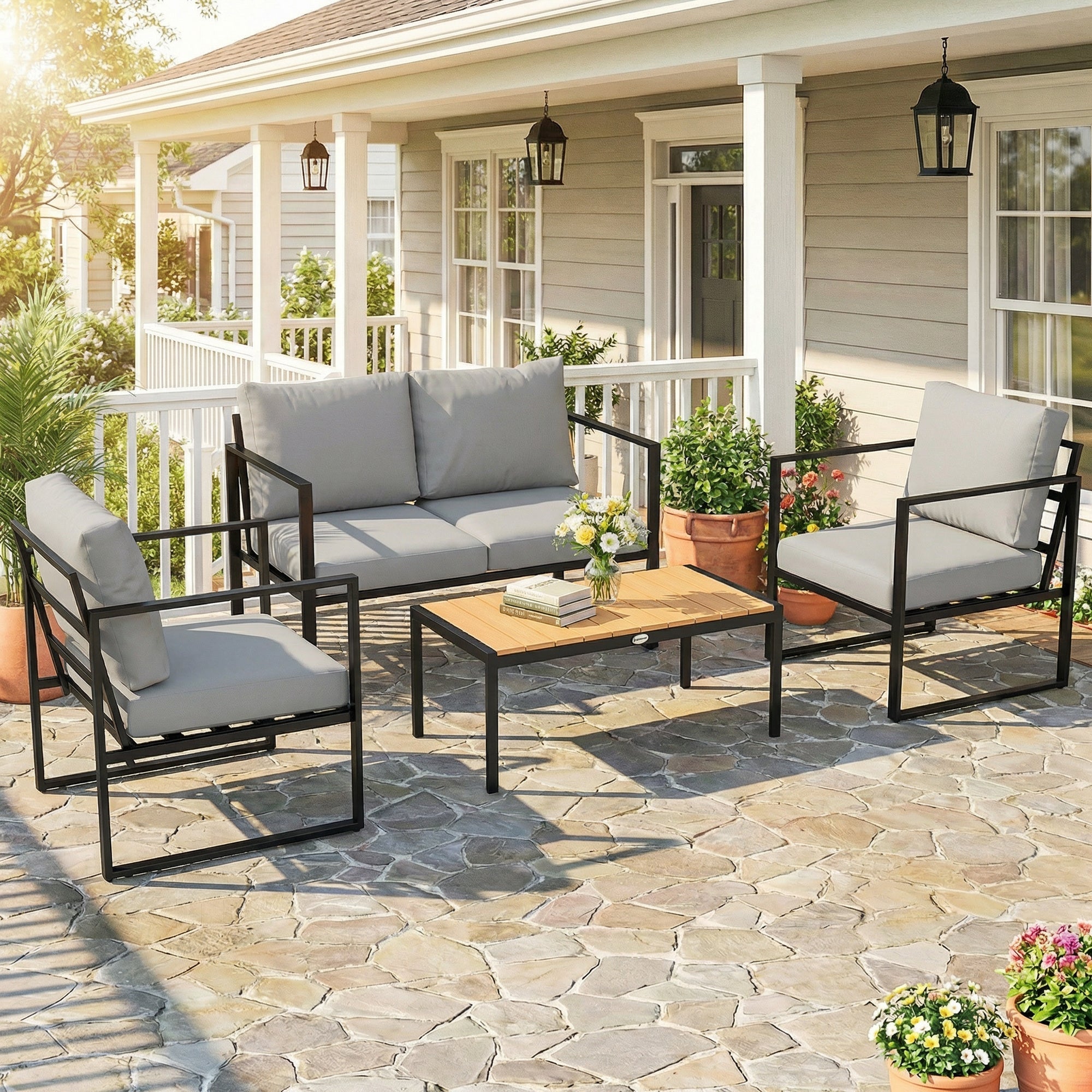 Outsunny outdoor garden furniture set with black metal frame, gray cushions, wooden slatted table, perfect for patio or balcony