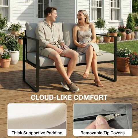 Modern outdoor sofa with black metal frame and light gray cushions from outsunny garden furniture set for patio use
