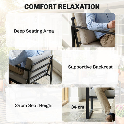 Modern outdoor single chair with sleek black metal frame and plush beige cushions in outsunny garden furniture set
