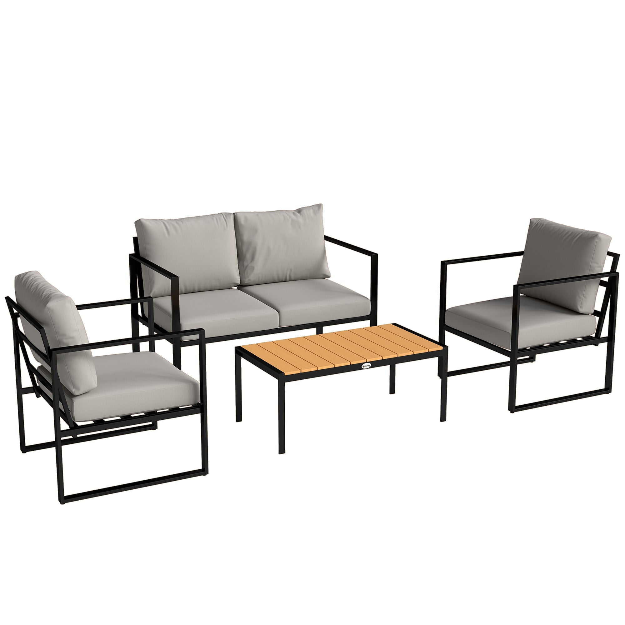 Outsunny outdoor garden furniture set with black metal frames, light gray cushions, wooden top slatted table for patio use