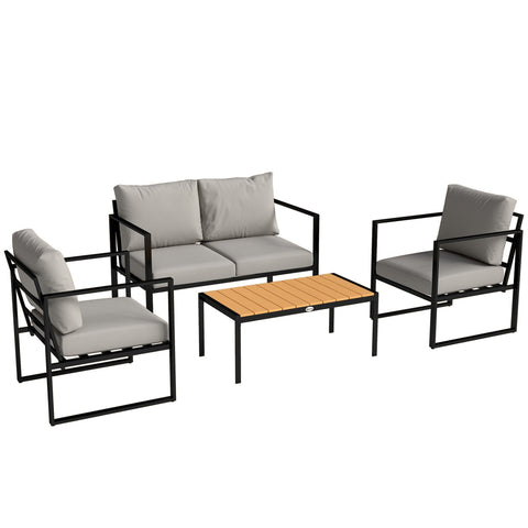 Outsunny outdoor garden furniture set with black metal frames, light gray cushions, wooden top slatted table for patio use