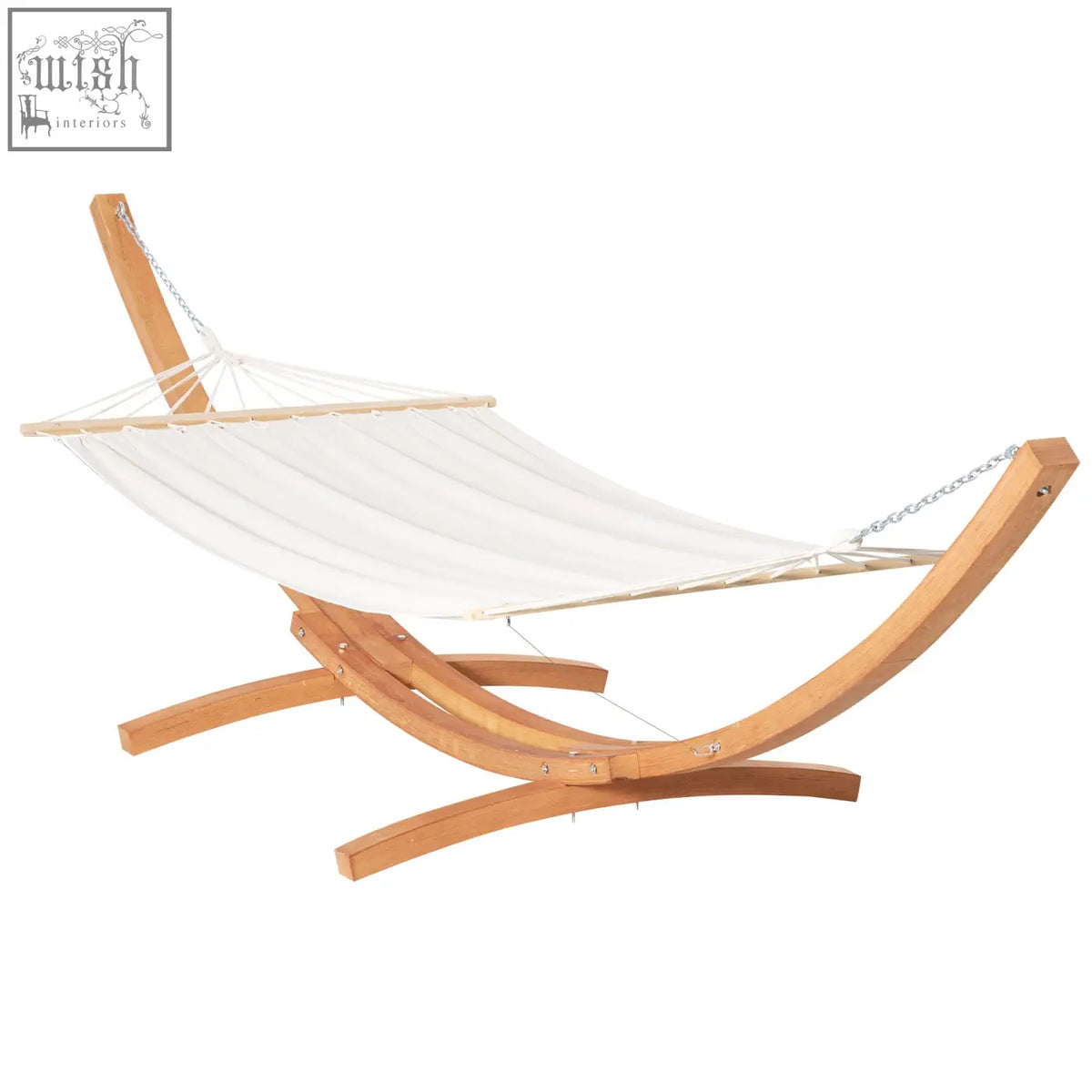 White garden hammock with curved wooden frame and chain attachments perfect for outdoor patio relaxation