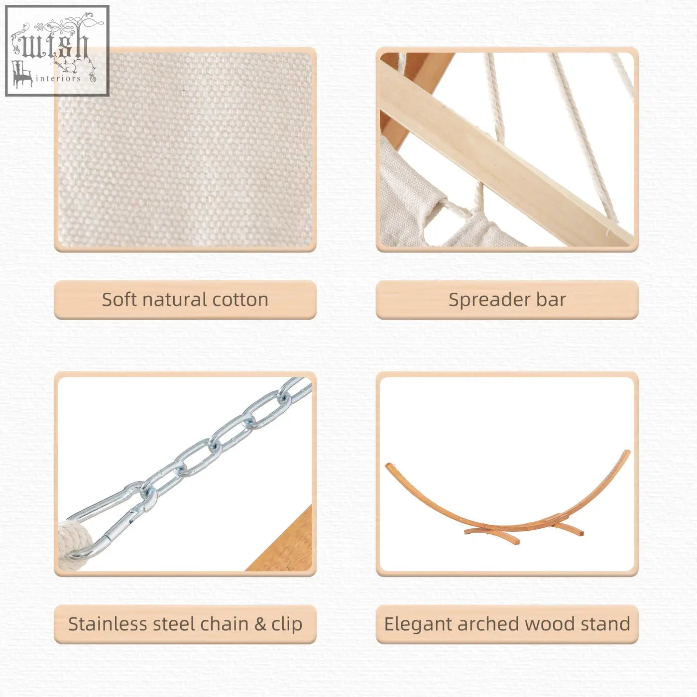 Outsunny outdoor garden hammock in white with soft cotton, stainless steel chain, and curved wooden frame stand