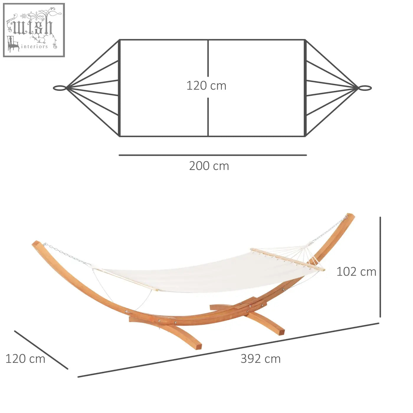Beige garden hammock with curved wooden frame and chain suspension 200 cm by 120 cm for outdoor patio use