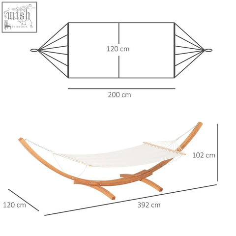 Beige garden hammock with curved wooden frame and chain suspension 200 cm by 120 cm for outdoor patio use