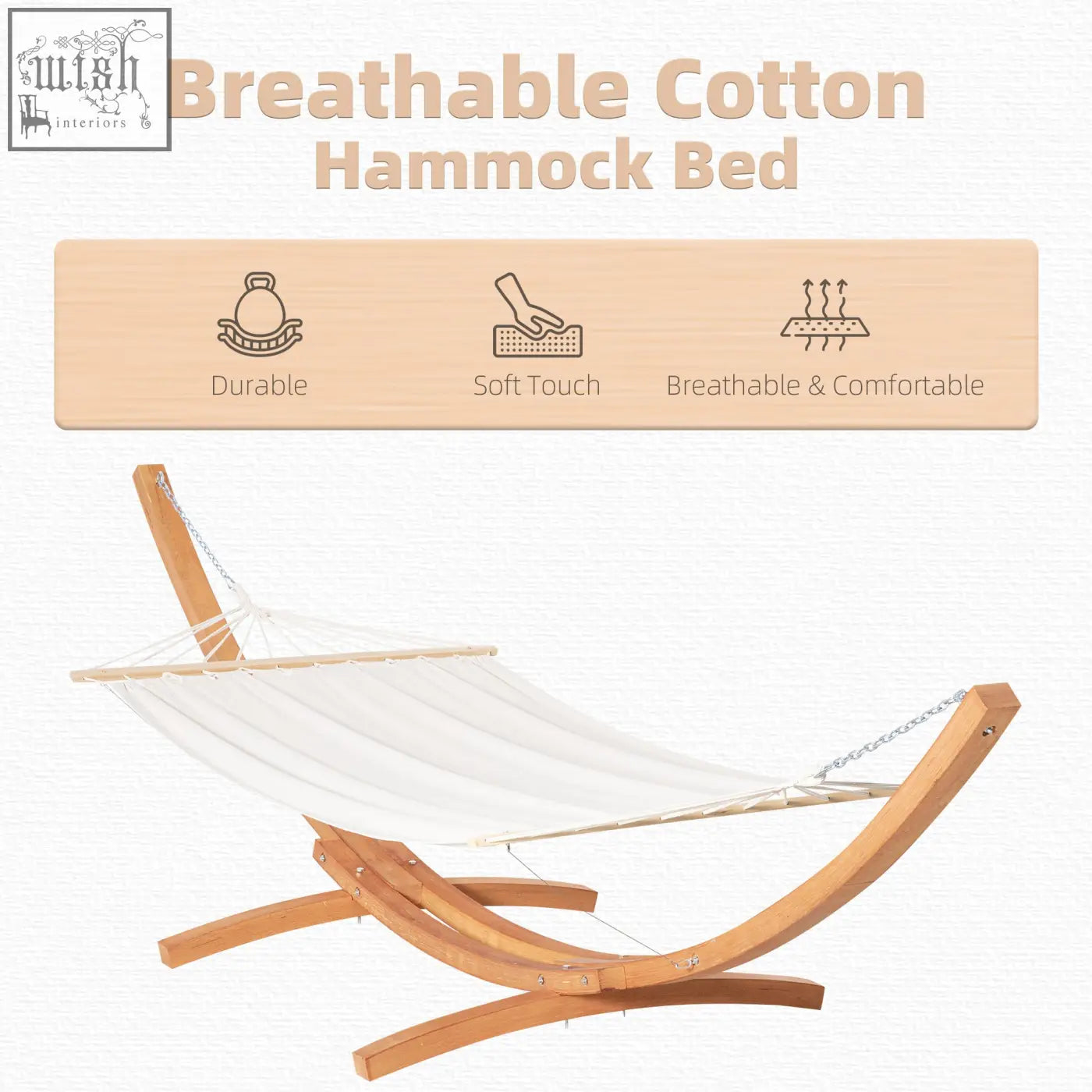 Outsunny outdoor garden hammock with white breathable cotton bed and curved wooden frame for patio relaxation