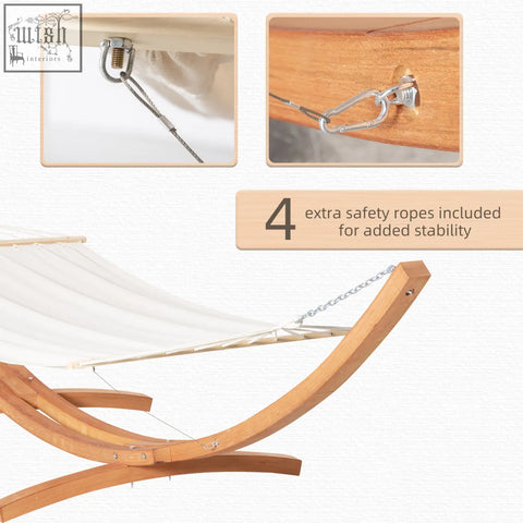 Outsunny outdoor garden hammock with white fabric and light brown curved wooden frame stand for patio use