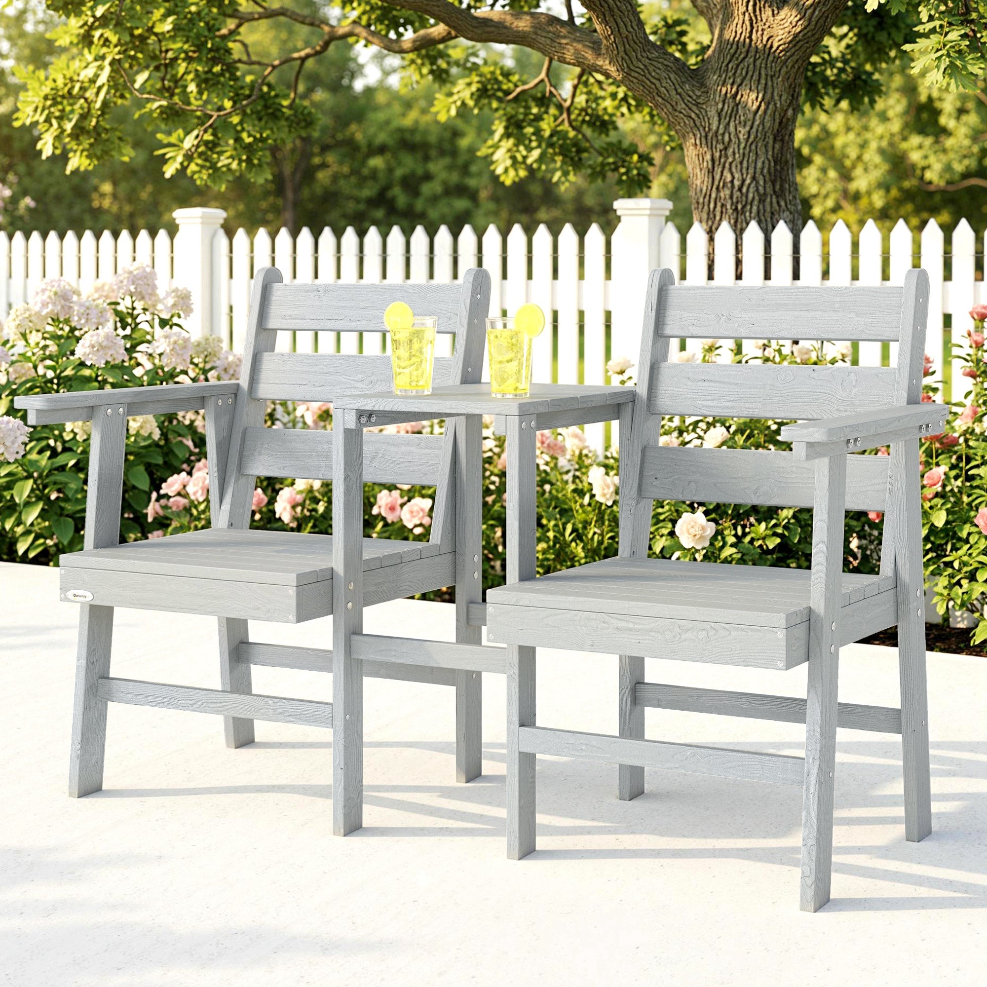 Gray painted wooden jill garden seat with slatted backrests and integrated table for outdoor use by Outsunny