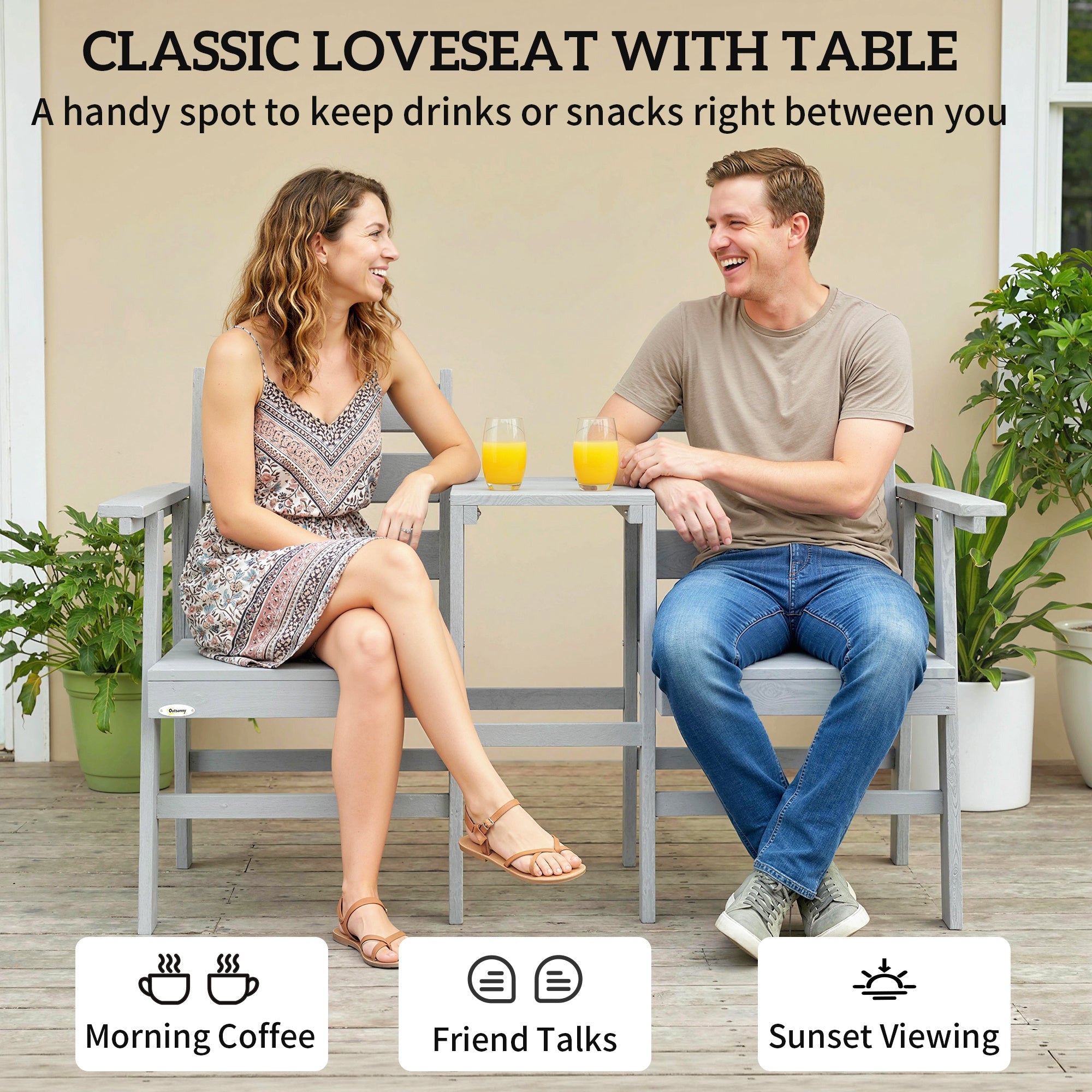 Gray wooden classic jill garden seat loveseat with integrated table perfect as a seater garden set