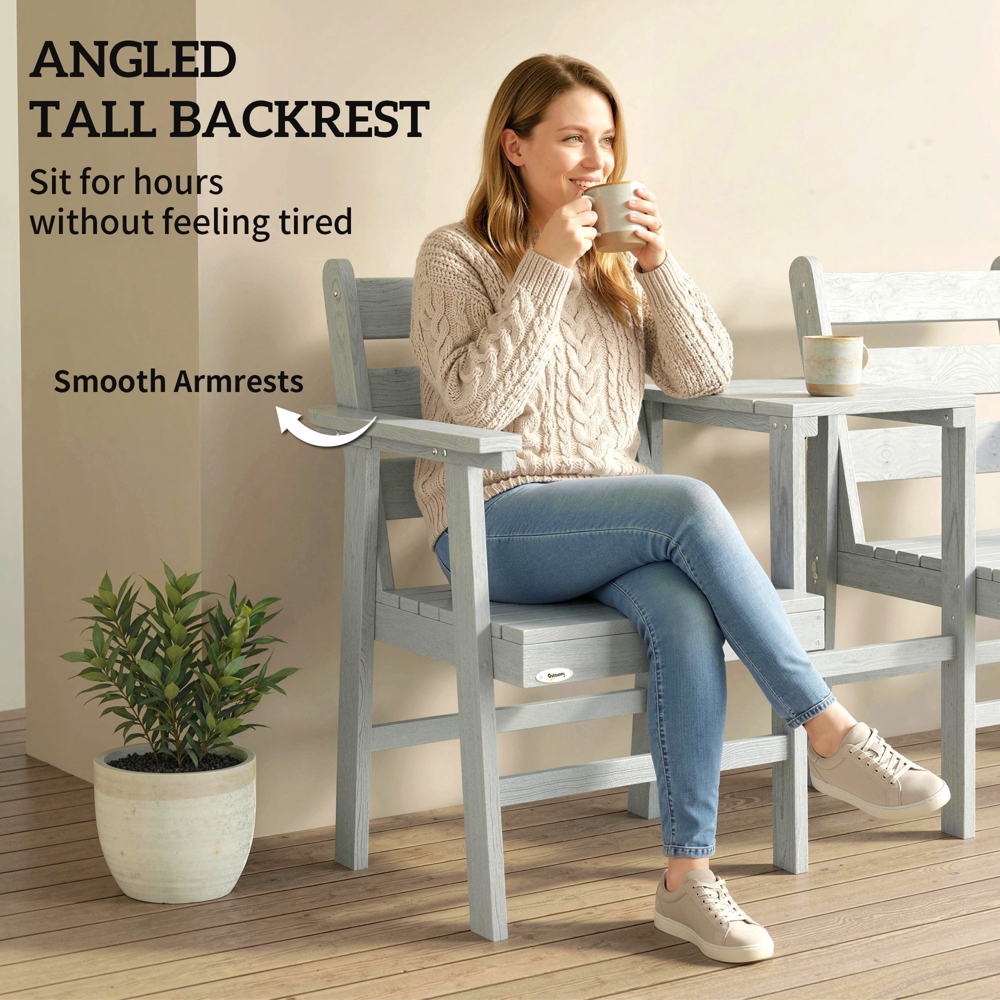 Gray wooden outdoor outsunny garden seat with angled backrest smooth armrests and integrated table design