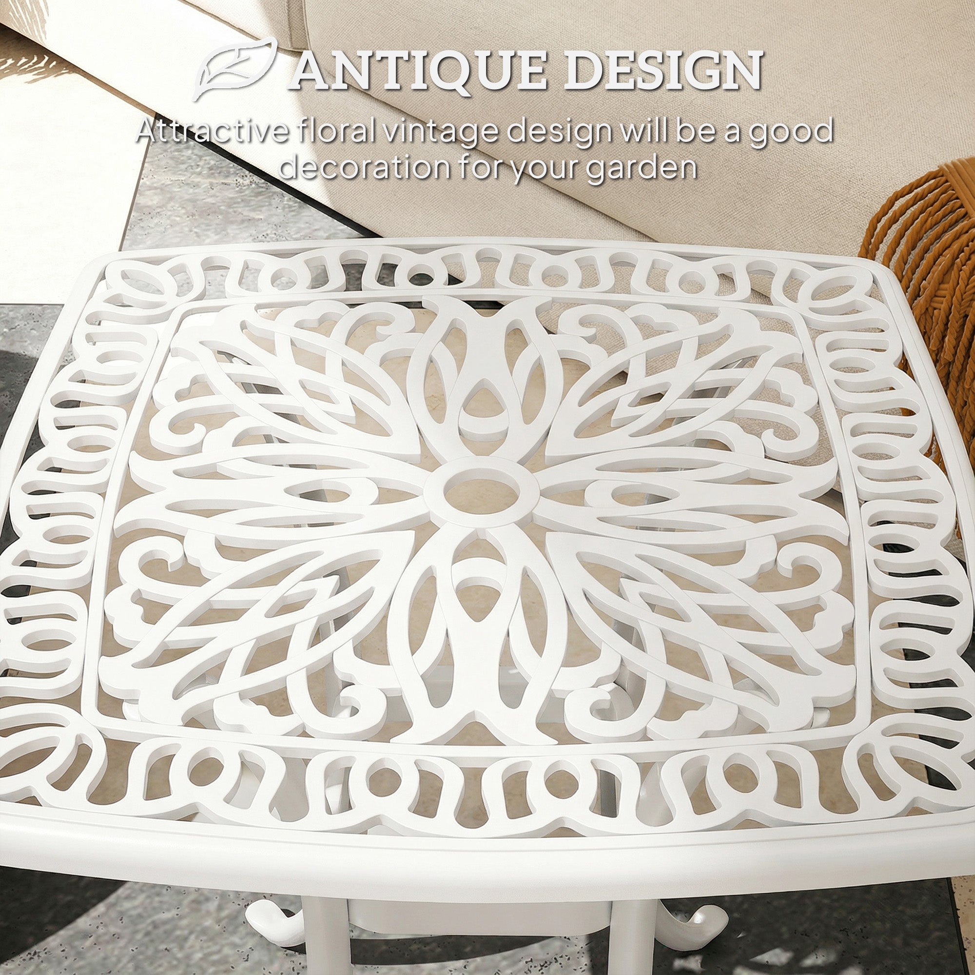 White antique-style outsunny cast aluminium outdoor garden table with 54l x 54wcm floral cut-out design and umbrella hole