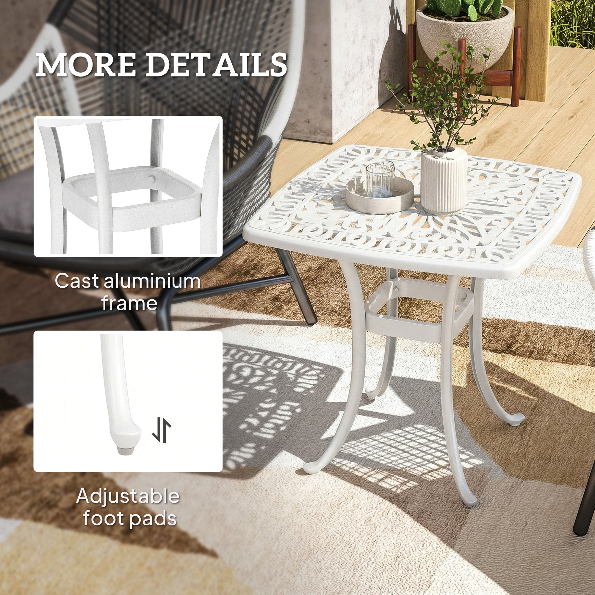 Outsunny white cast aluminium patio table with floral cut-out lace pattern and 38mm umbrella hole 54l x 54wcm