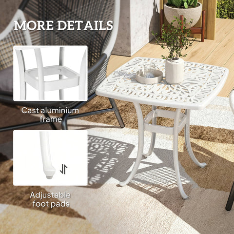 Outsunny white cast aluminium patio table with floral cut-out lace pattern and 38mm umbrella hole 54l x 54wcm