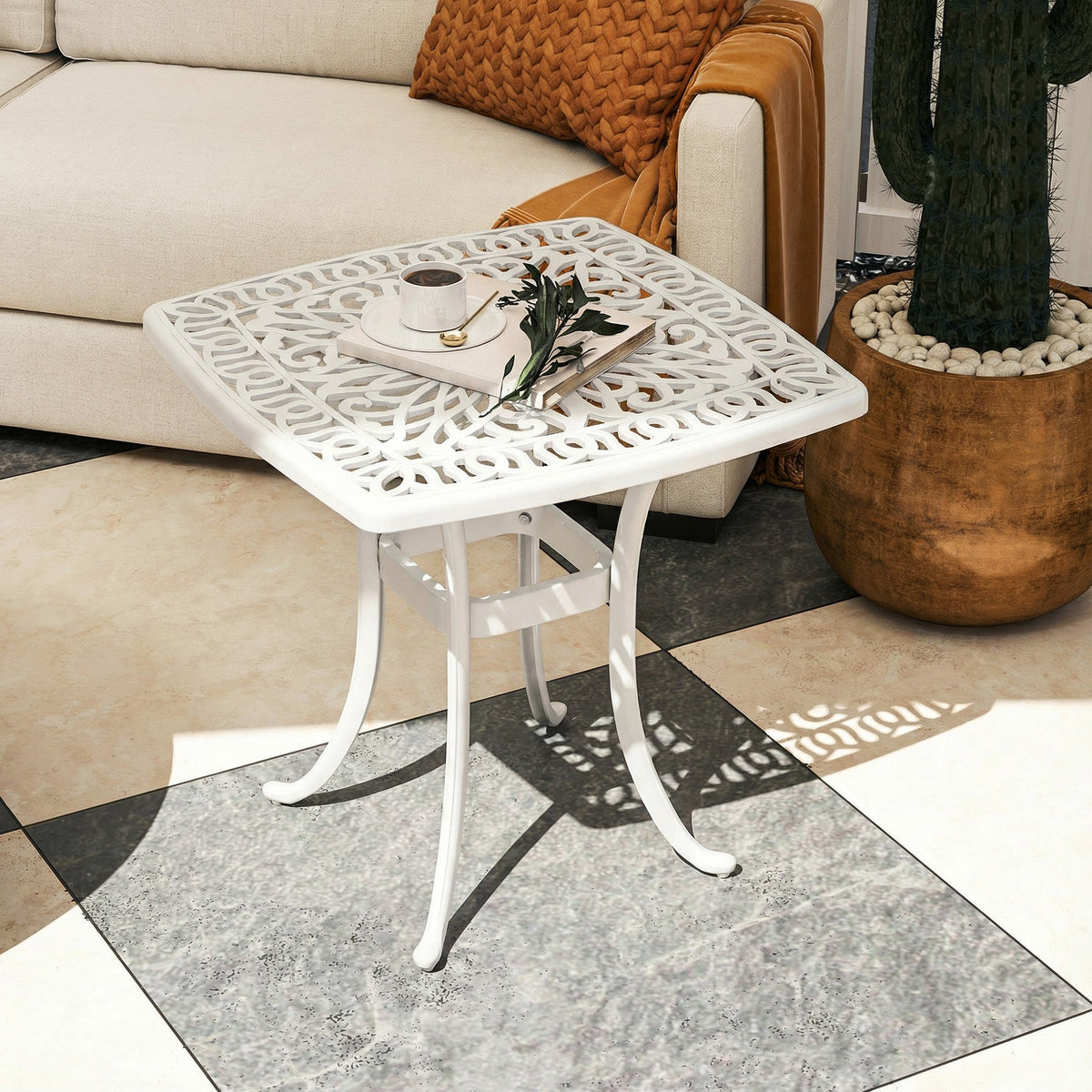 White cast aluminium outsunny outdoor garden table with floral cut-out tabletop and 54l x 54wcm size
