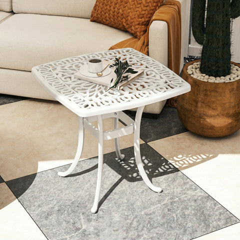 White cast aluminium outsunny outdoor garden table with floral cut-out tabletop and 54l x 54wcm size