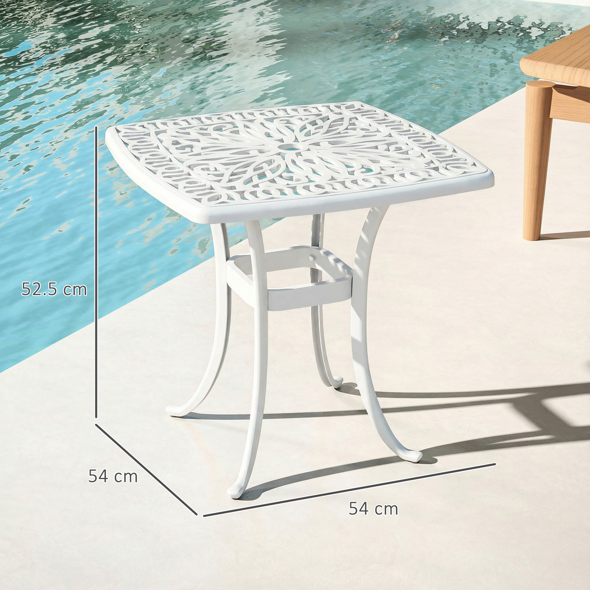 White cast aluminium outdoor garden table with floral cut-out and 38mm umbrella hole for patio use 54l x 54wcm