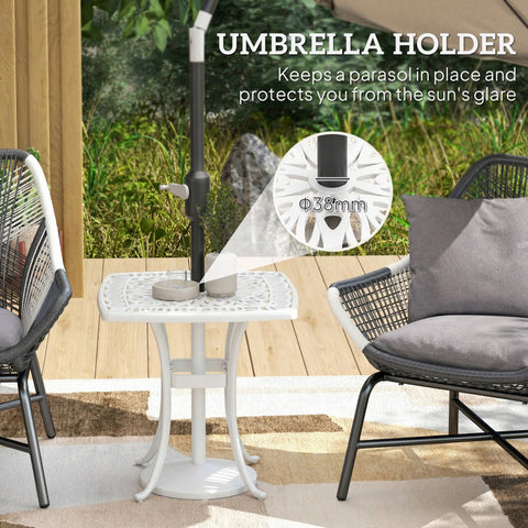 White metal umbrella holder with decorative floral cut-out lattice design and circular base made of cast aluminium