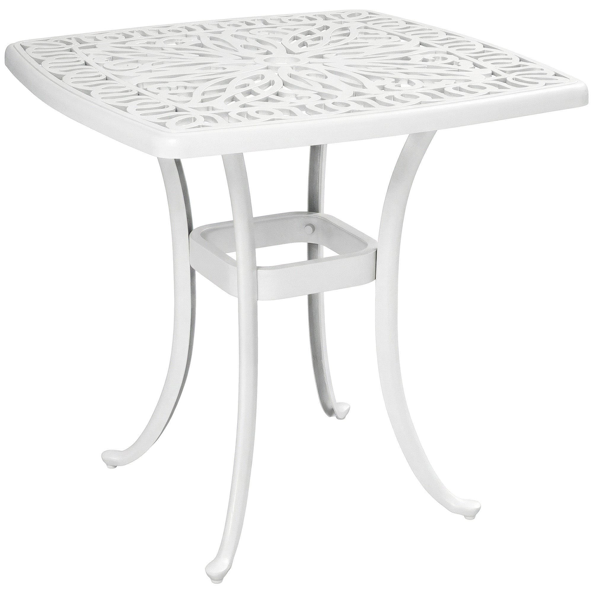 White cast aluminium patio table with floral cut-out top and umbrella hole 54l x 54wcm for outdoor garden use