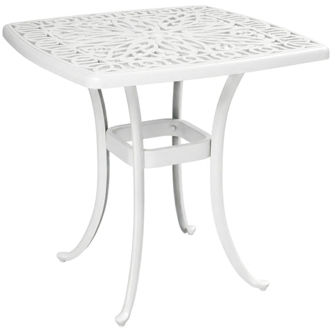 White cast aluminium patio table with floral cut-out top and umbrella hole 54l x 54wcm for outdoor garden use