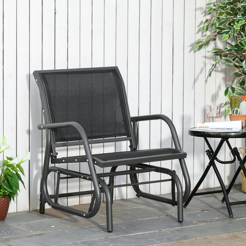 Black metal outdoor glider chair with mesh seat and curved back on steel frame perfect as a garden seat