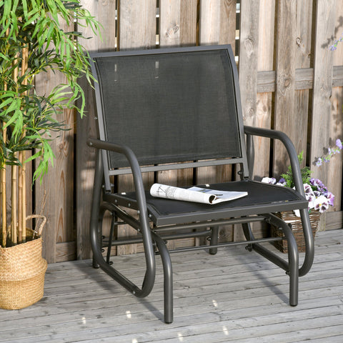 Outsunny outdoor gliding swing chair with black mesh seat, curved back, steel frame, and armrests for garden seat relaxation