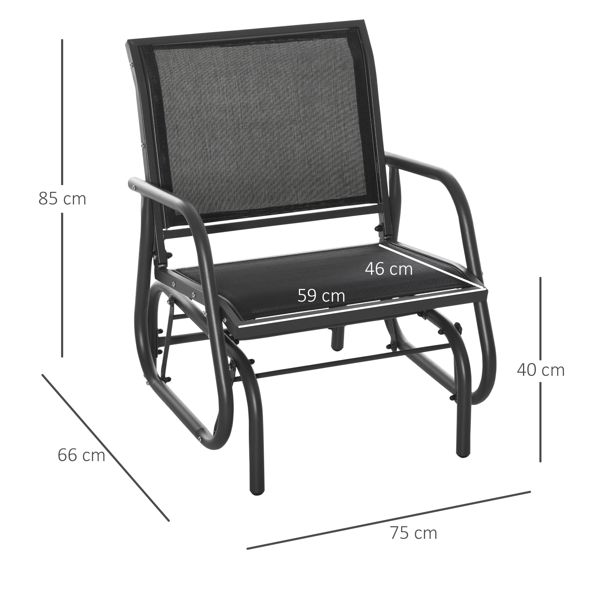 Black metal framed glider chair with mesh seat and curved steel frame perfect for a comfortable garden seat