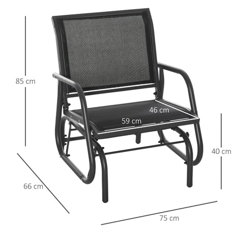 Black metal framed glider chair with mesh seat and curved steel frame perfect for a comfortable garden seat