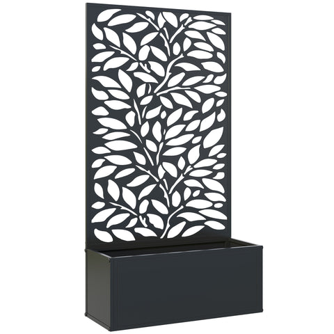 Black metal planter with leaf pattern privacy panel and integrated planter box 58l x 23w by outsunny