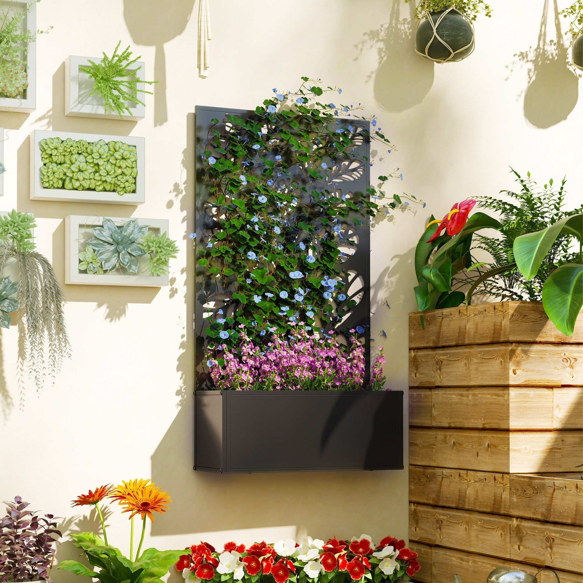 Outsunny outdoor metal planter in black with powder coated metal leaf cut-out trellis and lush greenery and purple flowers