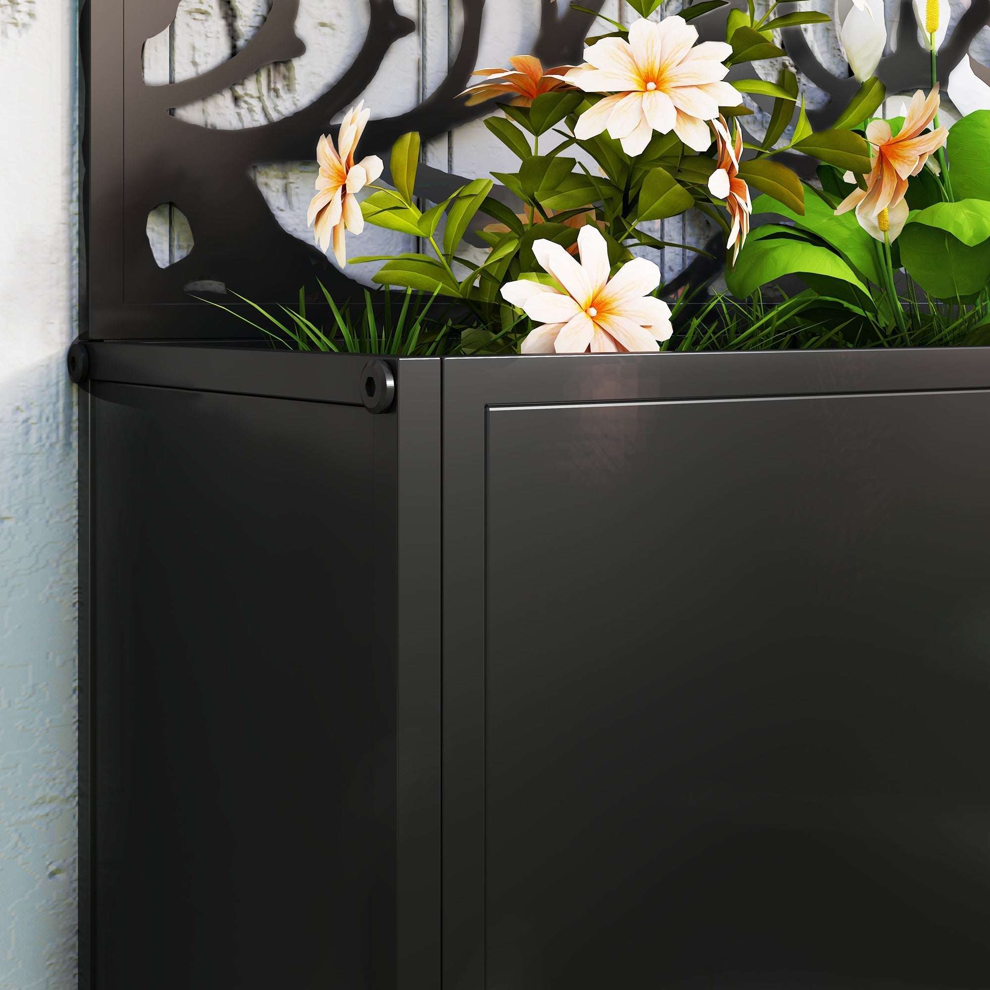 Outsunny outdoor metal planter in black with sleek design and decorative privacy panel 58l x 23w x 24h