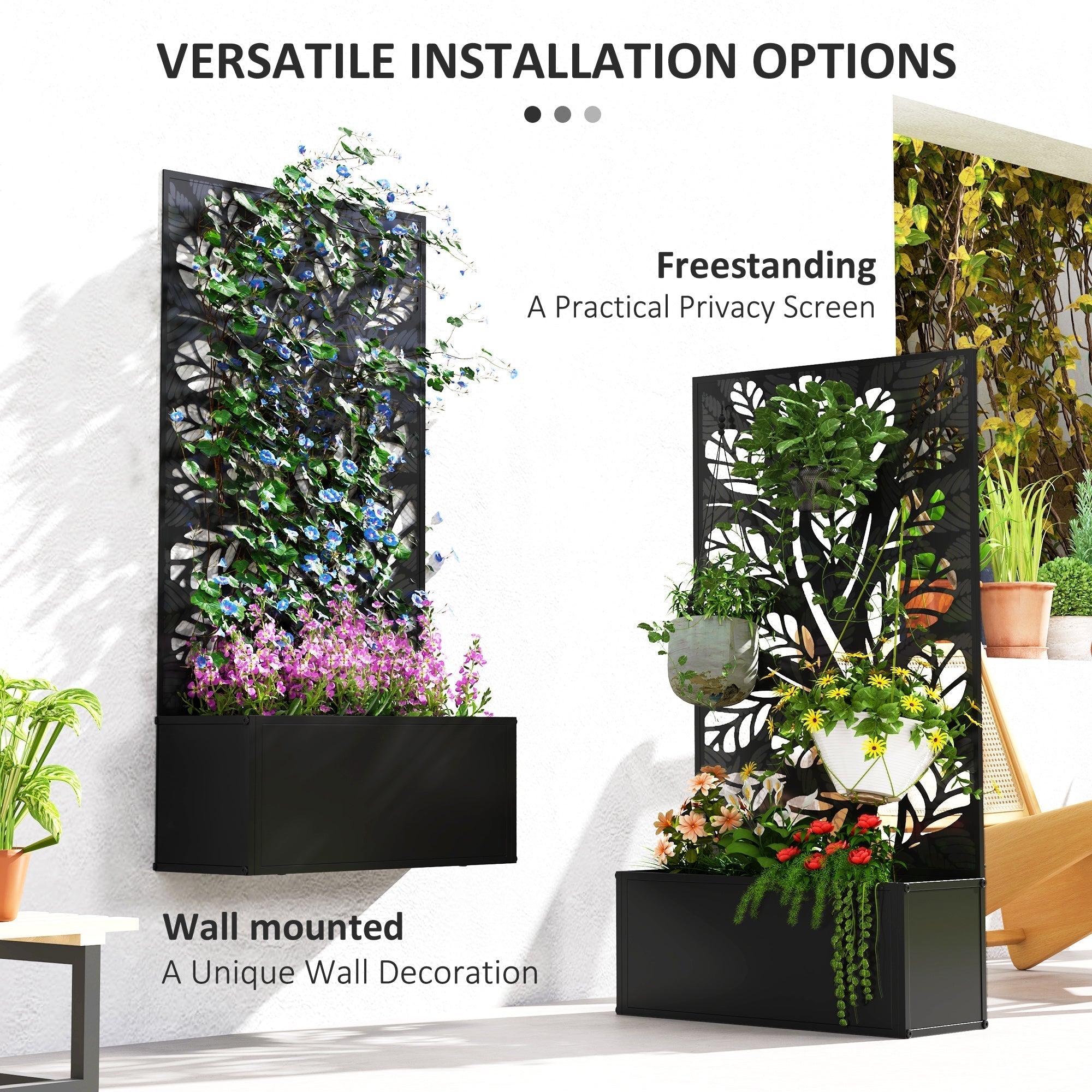 Outsunny outdoor metal planter with black powder coated metal leaf cut out trellis and integrated vertical planters