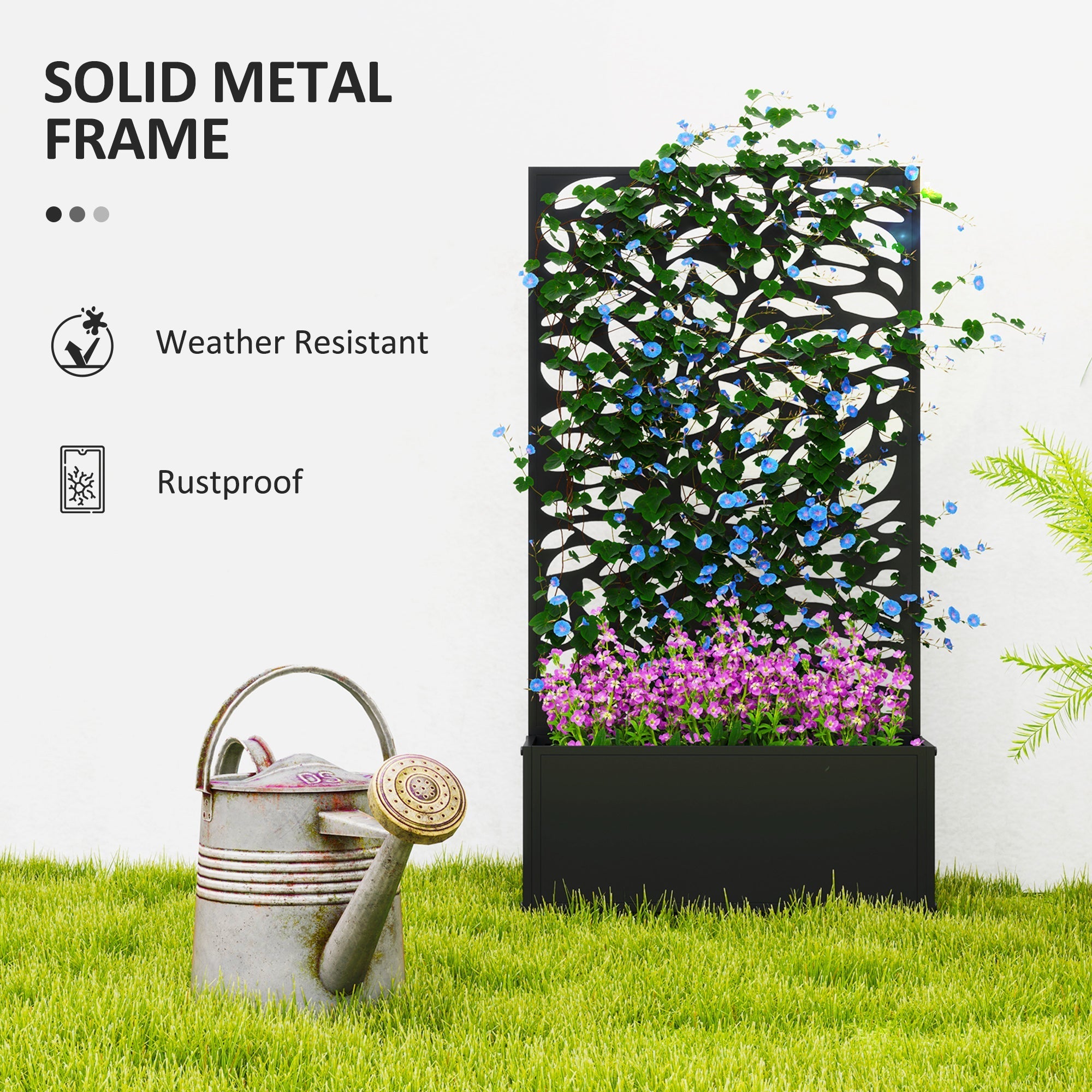 Black metal garden planter by outsunny with tree-shaped lattice privacy panel and built-in flower bed 58l x 23w