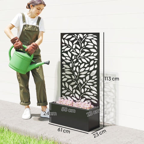 Outsunny outdoor black metal planter with leaf-patterned privacy panel trellis and rectangular 58l x 23w base