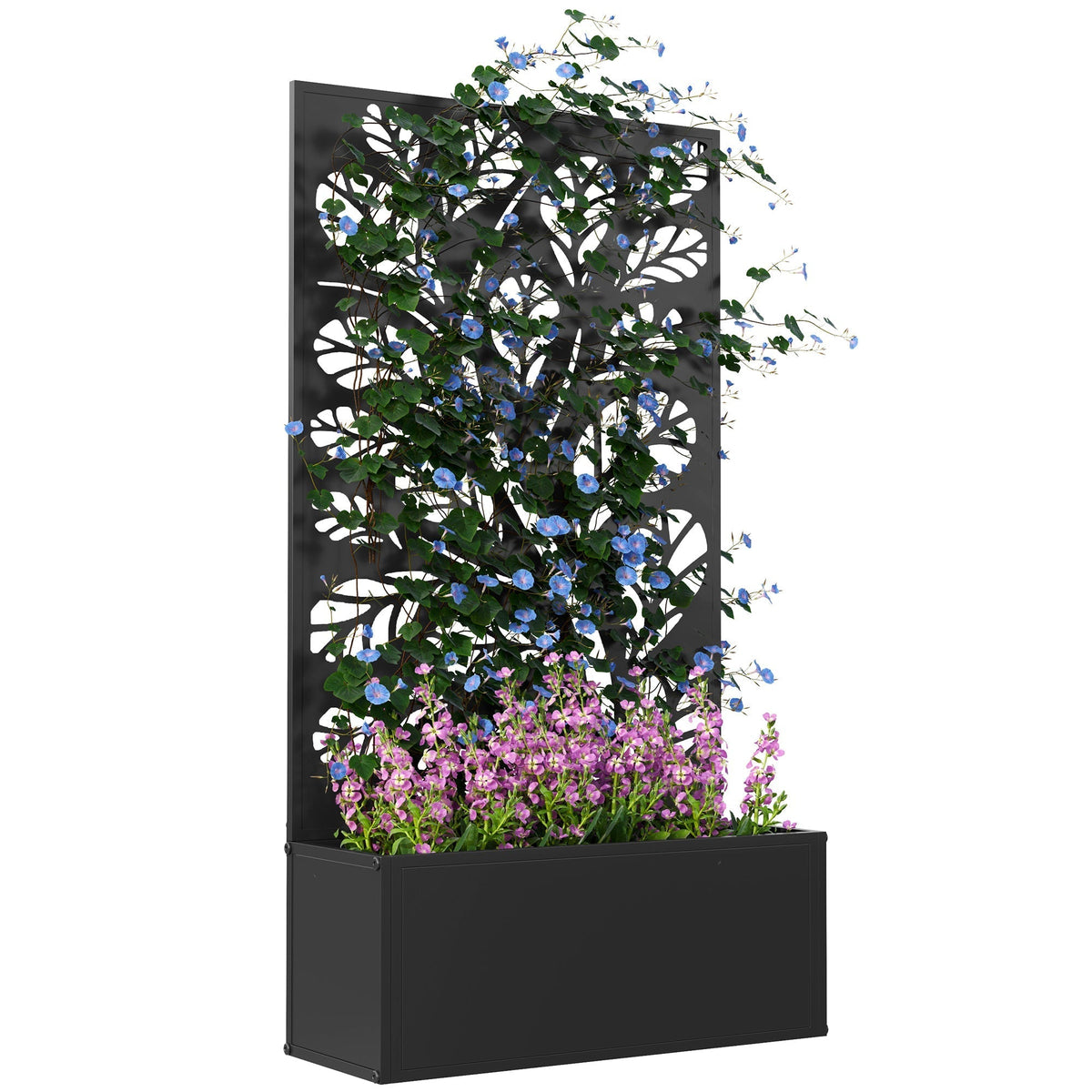 Outsunny outdoor metal planter with back leaf cut-out trellis in black powder coated metal supporting blue and purple blooms