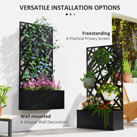 Black metal lattice privacy panel with integrated planter box and back trellis 58l x 23w for outdoor use