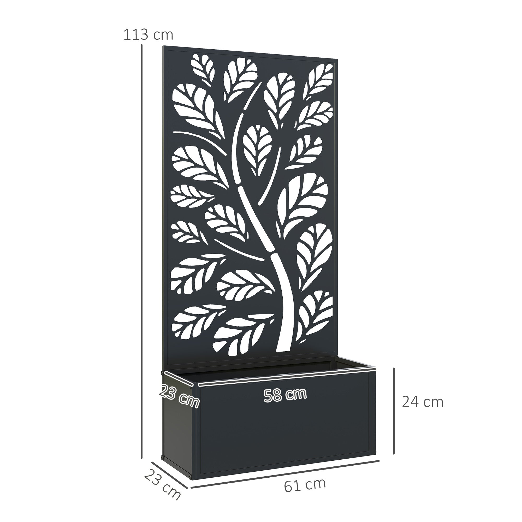 Black metal planter with leaf cut-out trellis and integrated rectangular planter box made from powder coated metal