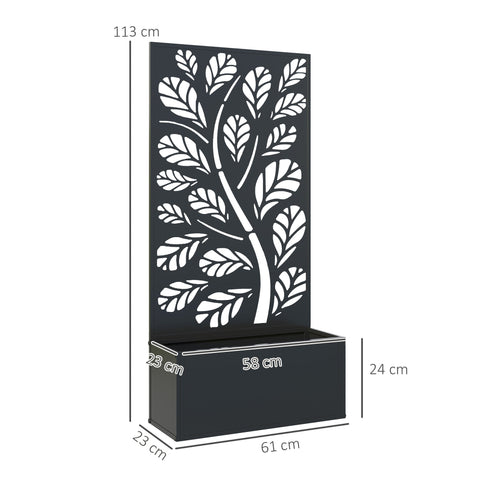 Black metal planter with leaf cut-out trellis and integrated rectangular planter box made from powder coated metal