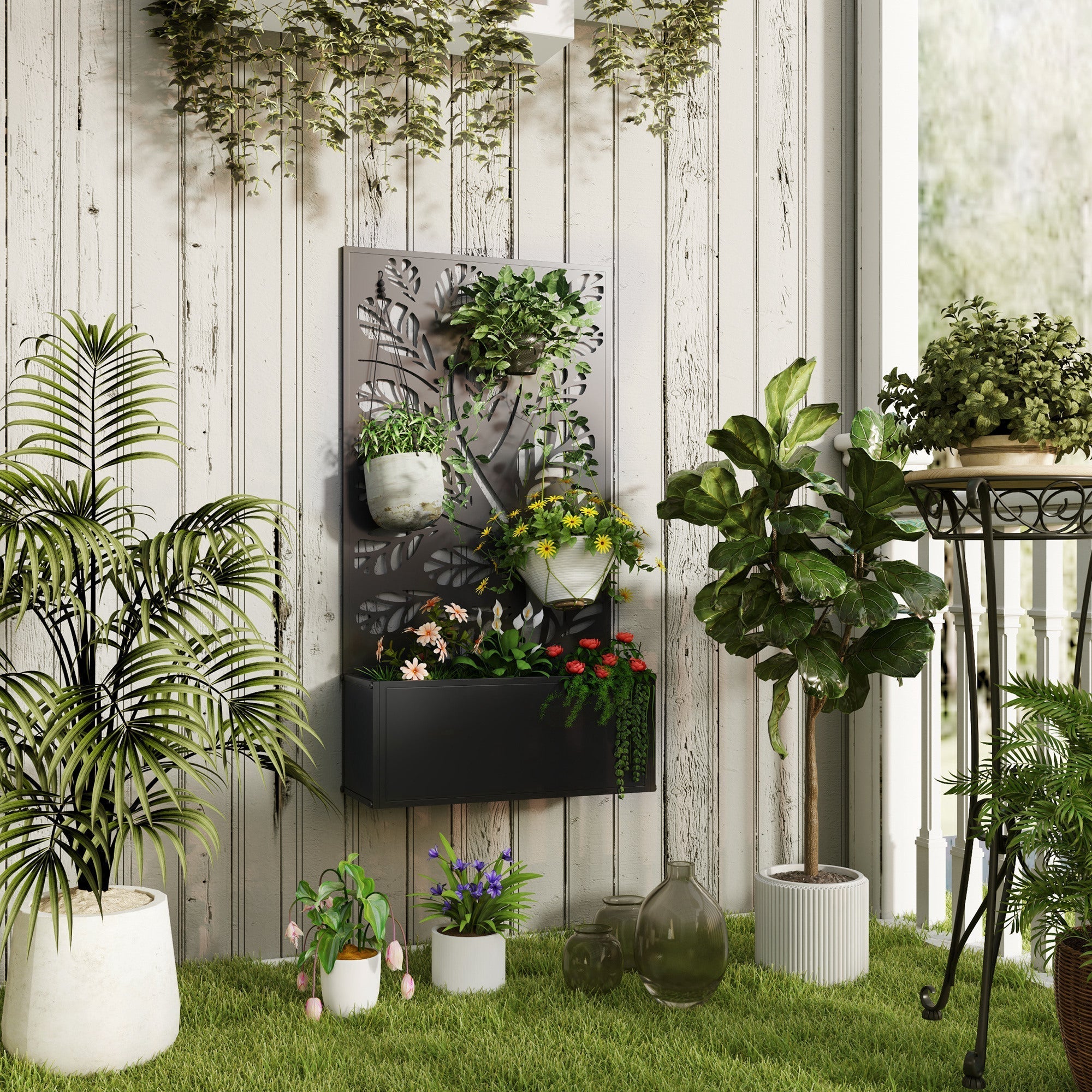 Black metal planter with leaf cut-out trellis and multiple holders made of powder coated metal for outdoor use