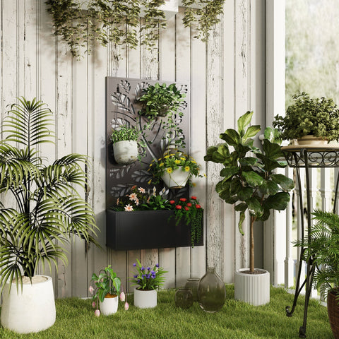 Black metal planter with leaf cut-out trellis and multiple holders made of powder coated metal for outdoor use