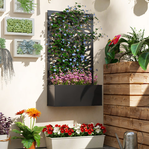 Outsunny black metal wall-mounted planter with intricate cutout design and integrated flower bed with vines and blooms 58l x 23w privacy panel